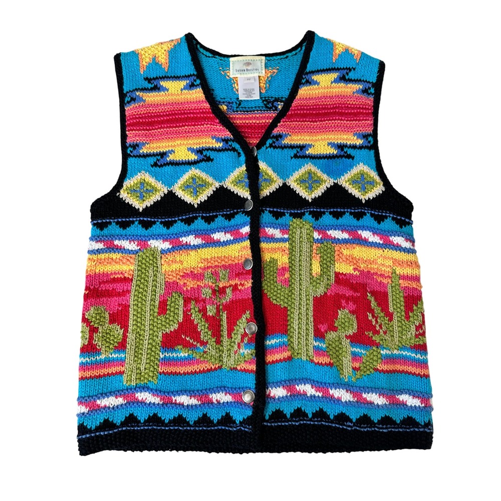 Vtg Susan Bristol Sweater Vest Hand Knit Cactus Southwestern V-Neck Aztec PS
